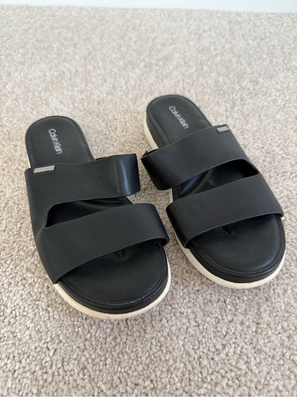Calvin Klein Black Double-Strap Slide Sandals with White Sole